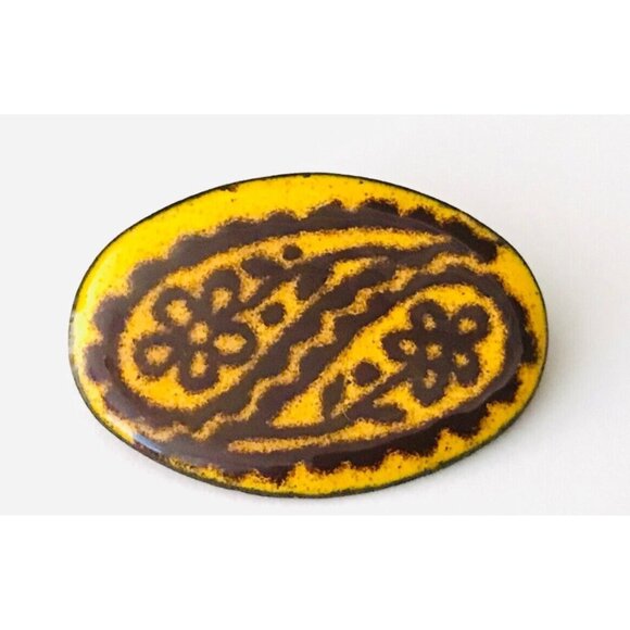 Handmade Enamel Copper Floral Brooch Pin Oval Stylized Yellow Brown Jewelry Vtg - Picture 1 of 4